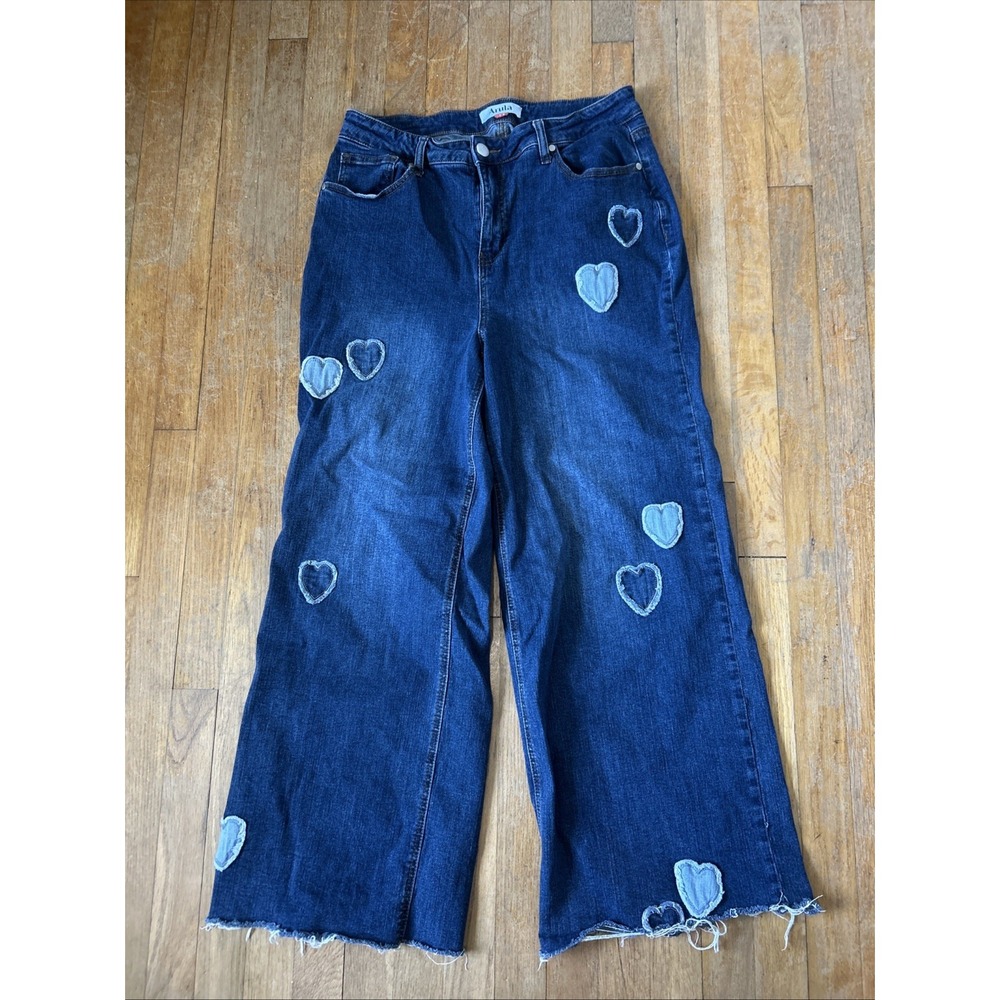 Arula Womens Heart Patch Raw Hem Wide Leg High Rise Blue Jeans Size 14
